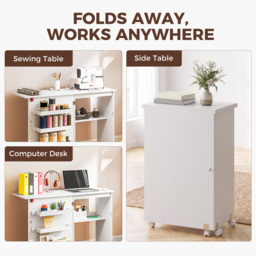 HOMCOM Folding Sewing Table, Drop Leaf Craft Table with Storage Bins, Open Shelf and Wheels for Small Space, White - Aosom UK - thumbnail 6