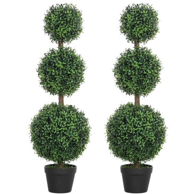 HOMCOM Set of 2 Decorative Artificial Plants, Topiary Ball-shaped Boxwood Trees in Pot, Fake Plants for Home Indoor outdoor Decor, 100cm, Green - image 1