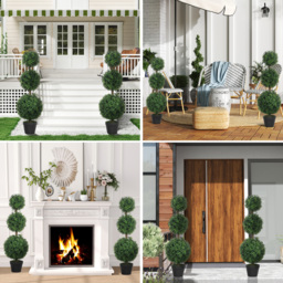 HOMCOM Set of 2 Decorative Artificial Plants, Topiary Ball-shaped Boxwood Trees in Pot, Fake Plants for Home Indoor outdoor Decor, 100cm, Green - thumbnail 2
