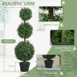 HOMCOM Set of 2 Decorative Artificial Plants, Topiary Ball-shaped Boxwood Trees in Pot, Fake Plants for Home Indoor outdoor Decor, 100cm, Green - thumbnail 4