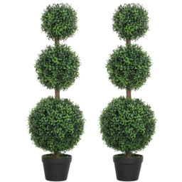 HOMCOM Set of 2 Decorative Artificial Plants, Topiary Ball-shaped Boxwood Trees in Pot, Fake Plants for Home Indoor outdoor Decor, 100cm, Green