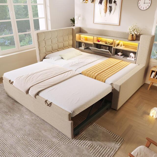Convertible Daybed Trundle with Clever Storage and Sturdy Frame, Breathable Sofa Bed with Integrated Charging, 204L x 107W x 88H cm, Beige - Aosom UK - image 1
