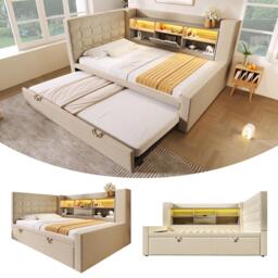 Convertible Daybed Trundle with Clever Storage and Sturdy Frame, Breathable Sofa Bed with Integrated Charging, 204L x 107W x 88H cm, Beige - Aosom UK - thumbnail 8
