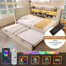 Convertible Daybed Trundle with Clever Storage and Sturdy Frame, Breathable Sofa Bed with Integrated Charging, 204L x 107W x 88H cm, Beige - Aosom UK - thumbnail 4