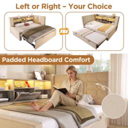 Convertible Daybed Trundle with Clever Storage and Sturdy Frame, Breathable Sofa Bed with Integrated Charging, 204L x 107W x 88H cm, Beige - Aosom UK - thumbnail 5