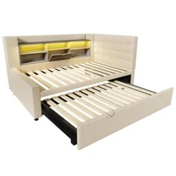 Convertible Daybed Trundle with Clever Storage and Sturdy Frame, Breathable Sofa Bed with Integrated Charging, 204L x 107W x 88H cm, Beige - Aosom UK - thumbnail 2