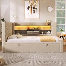 Convertible Daybed Trundle with Clever Storage and Sturdy Frame, Breathable Sofa Bed with Integrated Charging, 204L x 107W x 88H cm, Beige - Aosom UK - thumbnail 9