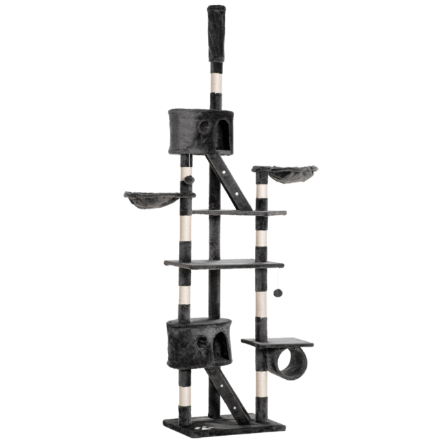 PawHut Cat Tower Floor-to-Ceiling 240-260cm Indoor Cat Tree, Adjustable Cat Post with Condos, Ramps, Hammocks, Toy Balls, Dark Grey - Aosom UK - image 1