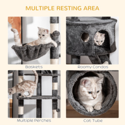PawHut Cat Tower Floor-to-Ceiling 240-260cm Indoor Cat Tree, Adjustable Cat Post with Condos, Ramps, Hammocks, Toy Balls, Dark Grey - Aosom UK - thumbnail 7