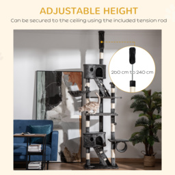 PawHut Cat Tower Floor-to-Ceiling 240-260cm Indoor Cat Tree, Adjustable Cat Post with Condos, Ramps, Hammocks, Toy Balls, Dark Grey - Aosom UK - thumbnail 5