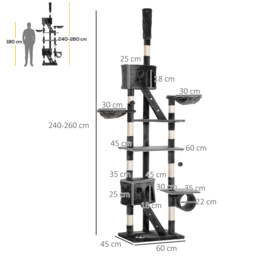PawHut Cat Tower Floor-to-Ceiling 240-260cm Indoor Cat Tree, Adjustable Cat Post with Condos, Ramps, Hammocks, Toy Balls, Dark Grey - Aosom UK - thumbnail 3