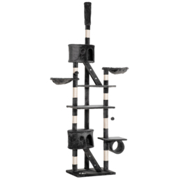 PawHut Cat Tower Floor-to-Ceiling 240-260cm Indoor Cat Tree, Adjustable Cat Post with Condos, Ramps, Hammocks, Toy Balls, Dark Grey - Aosom UK - thumbnail 1