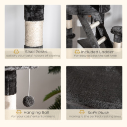 PawHut Cat Tower Floor-to-Ceiling 240-260cm Indoor Cat Tree, Adjustable Cat Post with Condos, Ramps, Hammocks, Toy Balls, Dark Grey - Aosom UK - thumbnail 4