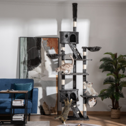 PawHut Cat Tower Floor-to-Ceiling 240-260cm Indoor Cat Tree, Adjustable Cat Post with Condos, Ramps, Hammocks, Toy Balls, Dark Grey - Aosom UK - thumbnail 2