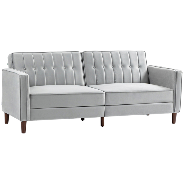 HOMCOM Modern Convertible Sofa Futon Velvet-Touch Tufted Couch Compact Loveseat with Adjustable Split Back, Light Grey - Aosom UK - image 1