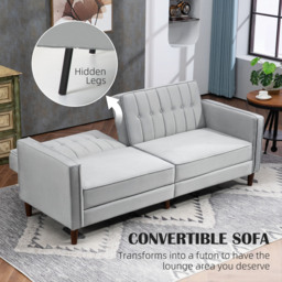 HOMCOM Modern Convertible Sofa Futon Velvet-Touch Tufted Couch Compact Loveseat with Adjustable Split Back, Light Grey - Aosom UK - thumbnail 4