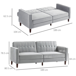 HOMCOM Modern Convertible Sofa Futon Velvet-Touch Tufted Couch Compact Loveseat with Adjustable Split Back, Light Grey - Aosom UK - thumbnail 3