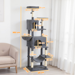PawHut 202cm Large Cat Tree with 6 Scratching Posts, 2 Hammocks, 2 Condos, 2 Perches, Pompoms, for Indoor Cats to Rest and Play - thumbnail 3