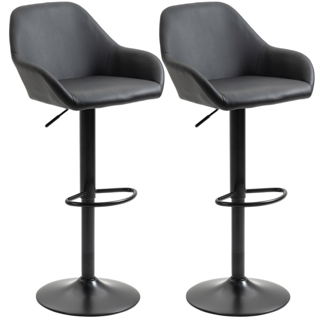HOMCOM Bar Stools Set of 2, Height Adjustable Swivel Barstools, PU Leather Kitchen Stools with Backs, Armrests and Footrest, Black - Aosom UK - image 1