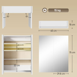 HOMCOM Wall Mounted Bathroom Mirror Storage Cabinet w/ Door Adjustable Shelf, White - thumbnail 3