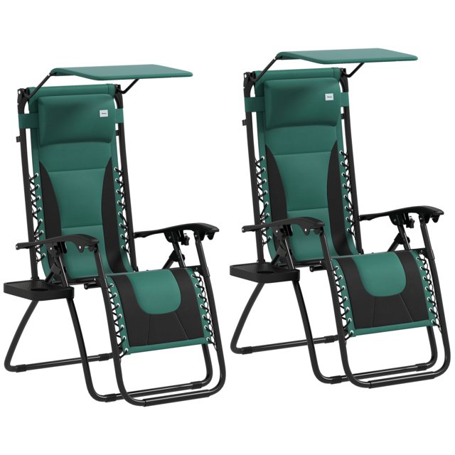 Outsunny Zero Gravity Lounger Chair Set of 2, Folding Reclining Patio Chair with Shade Cover, Cushion and Headrest for Poolside, Camping, Green - image 1