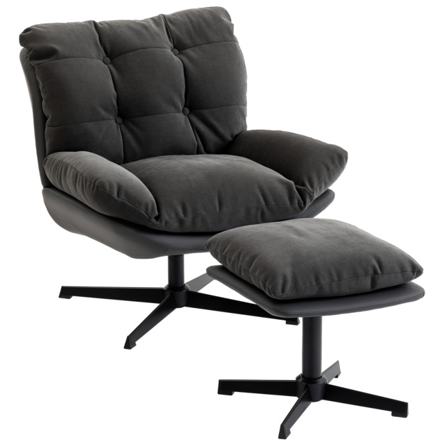 HOMCOM Accent Chair with Footstool, Swivel Lounge Chair with Chenille Upholstery, Metal Base, Dark Grey - image 1