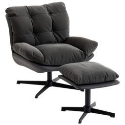HOMCOM Accent Chair with Footstool, Swivel Lounge Chair with Chenille Upholstery, Metal Base, Dark Grey - thumbnail 1