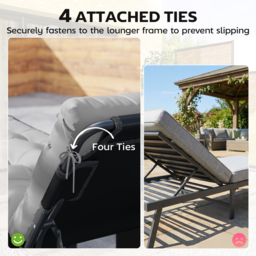Outsunny Sun Lounger Cushions Only, Garden Lounge Chair Cushions Set of 2, Sunbed Replacement Pads with 4 Ties, Light Grey - thumbnail 6