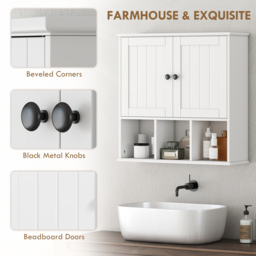 HOMCOM Farmhouse Bathroom Wall Cabinet, Wall Mounted Medicine Cabinet with Adjustable Shelf, Open Compartments, White - thumbnail 7
