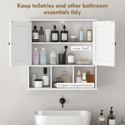 HOMCOM Farmhouse Bathroom Wall Cabinet, Wall Mounted Medicine Cabinet with Adjustable Shelf, Open Compartments, White - thumbnail 5