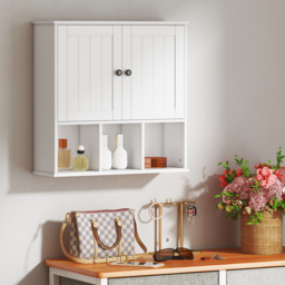 HOMCOM Farmhouse Bathroom Wall Cabinet, Wall Mounted Medicine Cabinet with Adjustable Shelf, Open Compartments, White - thumbnail 9
