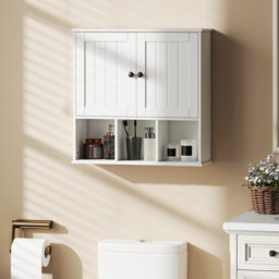 HOMCOM Farmhouse Bathroom Wall Cabinet, Wall Mounted Medicine Cabinet with Adjustable Shelf, Open Compartments, White - thumbnail 2