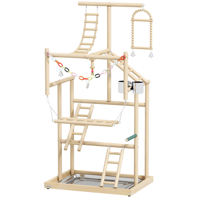 PawHut 95 cm Wooden Bird Playground with Ladders, Chain Toy, Stainless Steel Cups and Tray, Bird Cage Accessories, Natural - image 1