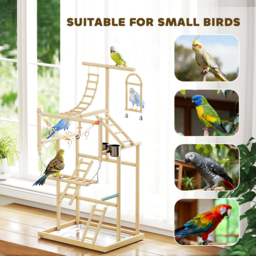 PawHut 95 cm Wooden Bird Playground with Ladders, Chain Toy, Stainless Steel Cups and Tray, Bird Cage Accessories, Natural - thumbnail 7