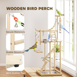 PawHut 95 cm Wooden Bird Playground with Ladders, Chain Toy, Stainless Steel Cups and Tray, Bird Cage Accessories, Natural - thumbnail 4