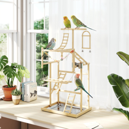 PawHut 95 cm Wooden Bird Playground with Ladders, Chain Toy, Stainless Steel Cups and Tray, Bird Cage Accessories, Natural - thumbnail 2