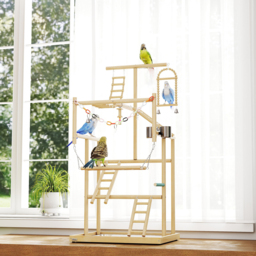 PawHut 95 cm Wooden Bird Playground with Ladders, Chain Toy, Stainless Steel Cups and Tray, Bird Cage Accessories, Natural - thumbnail 8