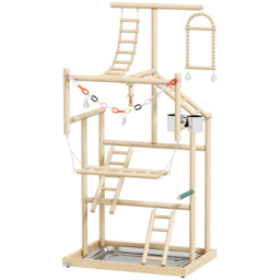 PawHut 95 cm Wooden Bird Playground with Ladders, Chain Toy, Stainless Steel Cups and Tray, Bird Cage Accessories, Natural