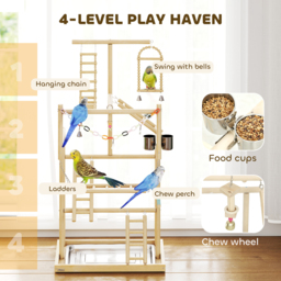 PawHut 95 cm Wooden Bird Playground with Ladders, Chain Toy, Stainless Steel Cups and Tray, Bird Cage Accessories, Natural - thumbnail 5