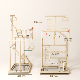PawHut 95 cm Wooden Bird Playground with Ladders, Chain Toy, Stainless Steel Cups and Tray, Bird Cage Accessories, Natural - thumbnail 3