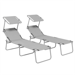 Outsunny Outdoor Foldable Sun Lounger Set of 2, 4 Level Adjustable Backrest Reclining Sun Lounger Chair with Angle Adjust Sun Shade Awning - Aosom UK