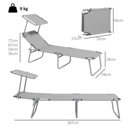 Outsunny Outdoor Foldable Sun Lounger Set of 2, 4 Level Adjustable Backrest Reclining Sun Lounger Chair with Angle Adjust Sun Shade Awning - Aosom UK - thumbnail 3