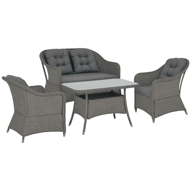 Outsunny Four-Piece Rattan Set, with Glass-Top Table - Light Grey - image 1