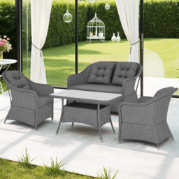 Outsunny Four-Piece Rattan Set, with Glass-Top Table - Light Grey - thumbnail 2