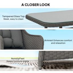 Outsunny Four-Piece Rattan Set, with Glass-Top Table - Light Grey - thumbnail 6