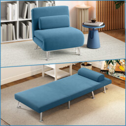 HOMCOM Single Sofa Bed, 1 Person Sleeper Foldable Lounge with Pillow, Blue - Aosom UK - thumbnail 2