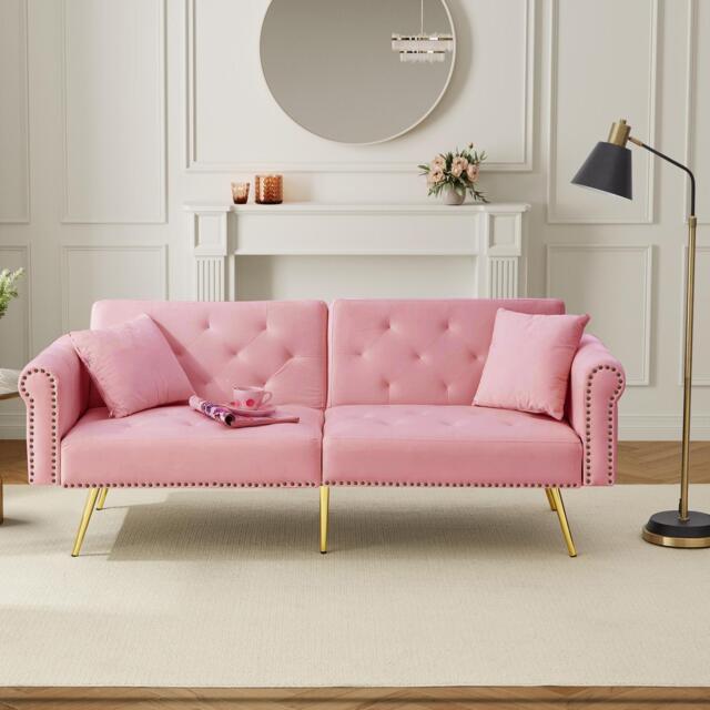 2-Seater Modern Sofa Bed with Velvet Upholstery and Adjustable Backrests, Daybed Perfect for Living Room, 177L x 74W x 71H cm, Pink - Aosom UK - image 1