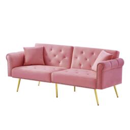 2-Seater Modern Sofa Bed with Velvet Upholstery and Adjustable Backrests, Daybed Perfect for Living Room, 177L x 74W x 71H cm, Pink - Aosom UK - thumbnail 2