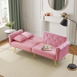 2-Seater Modern Sofa Bed with Velvet Upholstery and Adjustable Backrests, Daybed Perfect for Living Room, 177L x 74W x 71H cm, Pink - Aosom UK - thumbnail 9