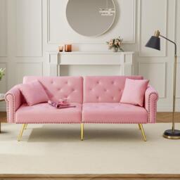 2-Seater Modern Sofa Bed with Velvet Upholstery and Adjustable Backrests, Daybed Perfect for Living Room, 177L x 74W x 71H cm, Pink - Aosom UK